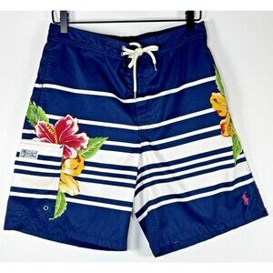 Polo Ralph Lauren Swim Trunks Medium Navy Stripe Hibiscus Floral Board Shorts